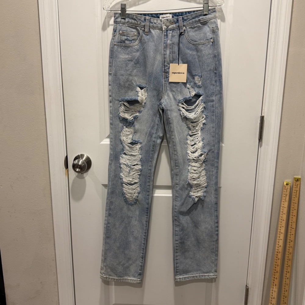 Superdown Womens Jeans Heavy Distressed Shredded Light Wash Blue 27 NWT